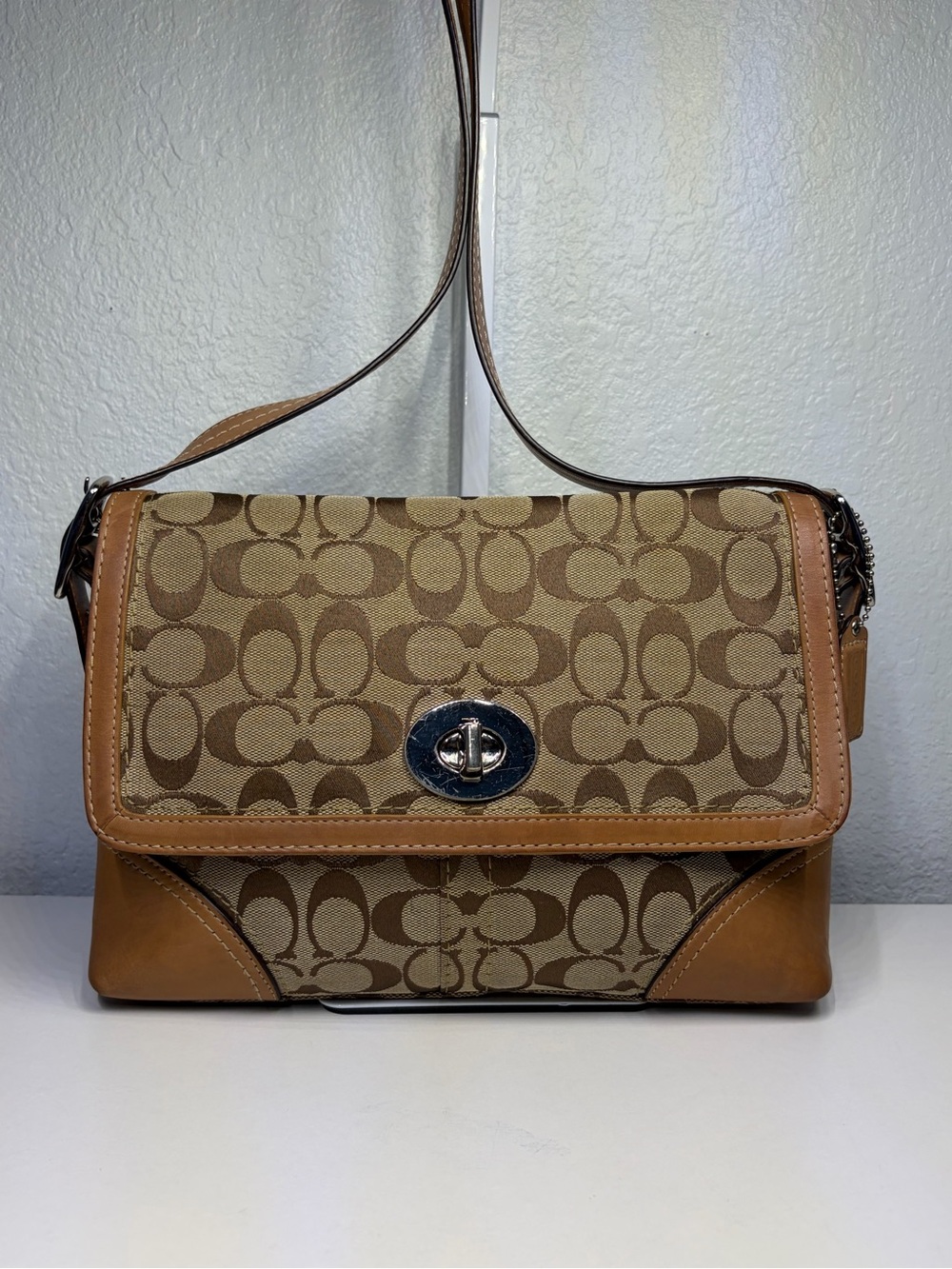 Y2K COACH Signature Jacquard Shoulder/ Crossbody Bag with Khaki/Caramel Trim